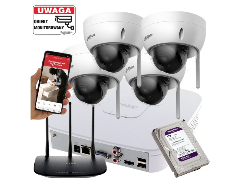 Monitoring domu WiFi 4 kamery IP Dahua IPC-HDBW1430DE-SW-0280B 4MPx Detekcja ruchu MicroSD Aplikacja