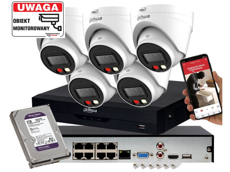 Zestaw monitoringu posesji 5 kopułowcyh kamer IP Dahua IPC-HDW1439V-A-IL 4MPx z Podwójnym Oświetlaczem i Detekcja ludzi