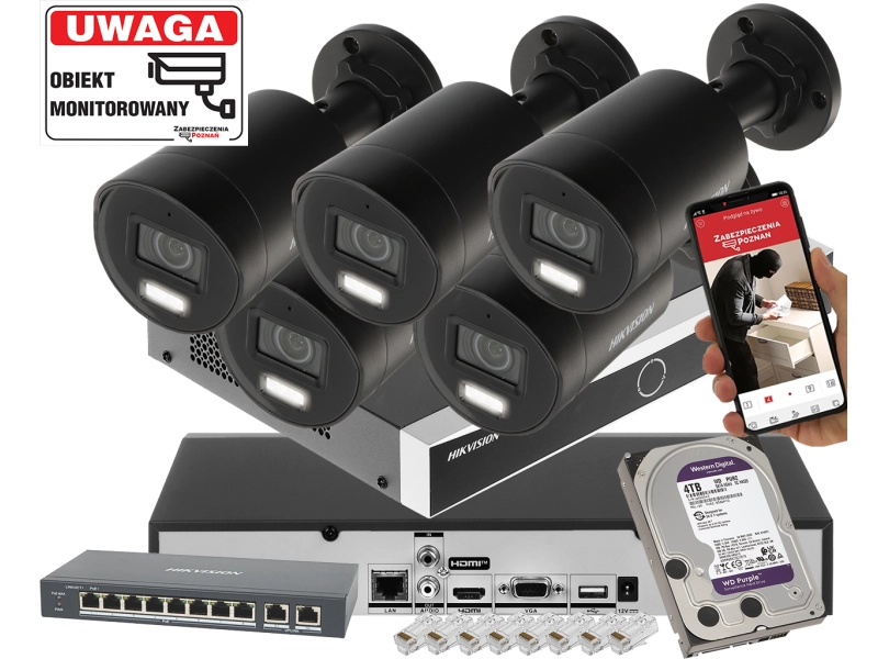 Zestaw monitoringu IP HIKVISION 5x kamera DS-2CD2083G2-LI2U BLACK 8Mpx Pro Series - Smart Hybrid Light + AcuSense