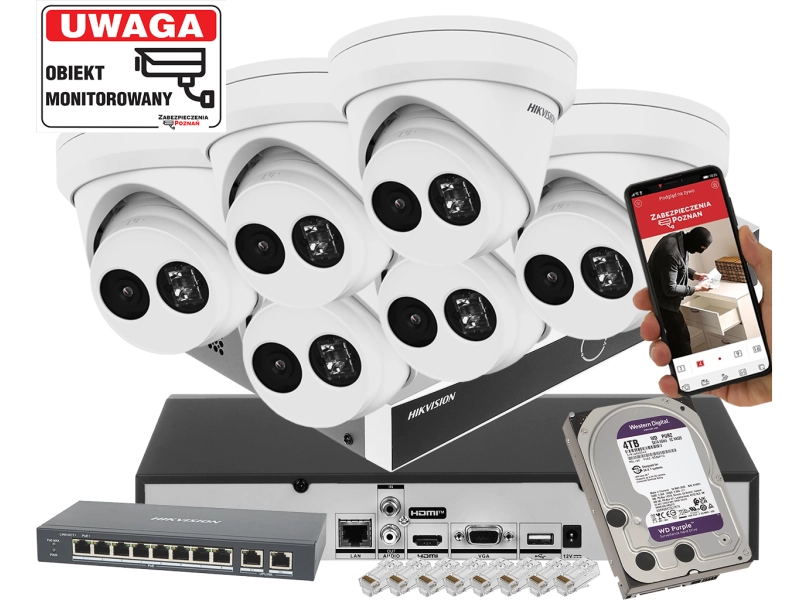 Kompletny monitoring na 6 kamer IP Hikvision DS-2CD2343G2-IU 4Mpx AcuSense IR30m Mikrofon