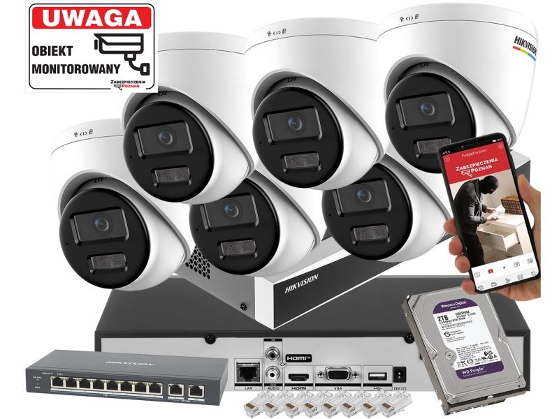 System monitoringu 6x kopułowa kamera IP Hikvision DS-2CD1367G3-LIU 6Mpx ColorVu, Smart Hybrid Light, Detekcja ruchu MD 3.0