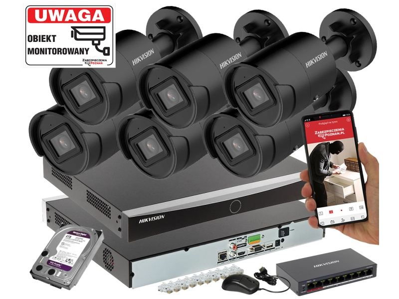 Profesjonalny zestaw monitoringu IP na 6 kamer HIKVISION DS-2CD2043G2-IU 4Mpx Pełna Analityka Acusense + Switch PoE