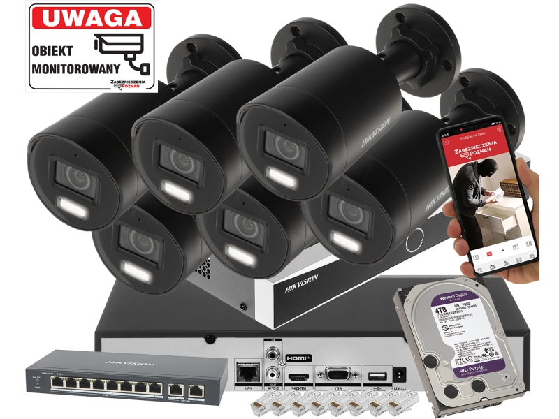Monitoring Premium 6 kamer zewnętrznych IP 4K Hikvision IP DS-2CD2086G2H-IU BLACK 8Mpx Filtrowanie Fałszywych Alarmów przy słabym oświetleniu PoE