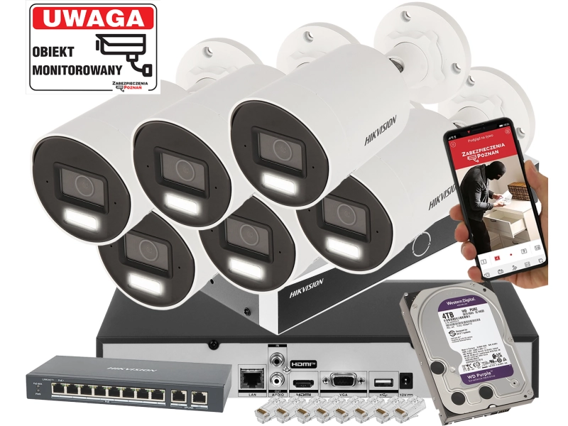 Inteligentny monitoring na 6 kamer IP 4K Hikvision IP DS-2CD2086G2H-IU 8Mpx Technologia AI AcuSense DarkFighter PoE