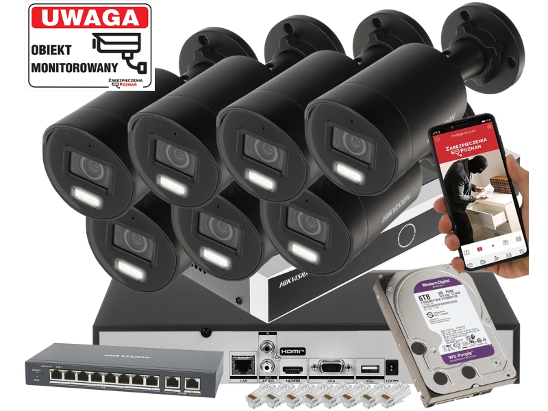 Mocny zestaw monitoringu IP HIKVISION 7x kamera DS-2CD2083G2-LI2U BLACK 8Mpx Pro Series - Smart Hybrid Light + AcuSense