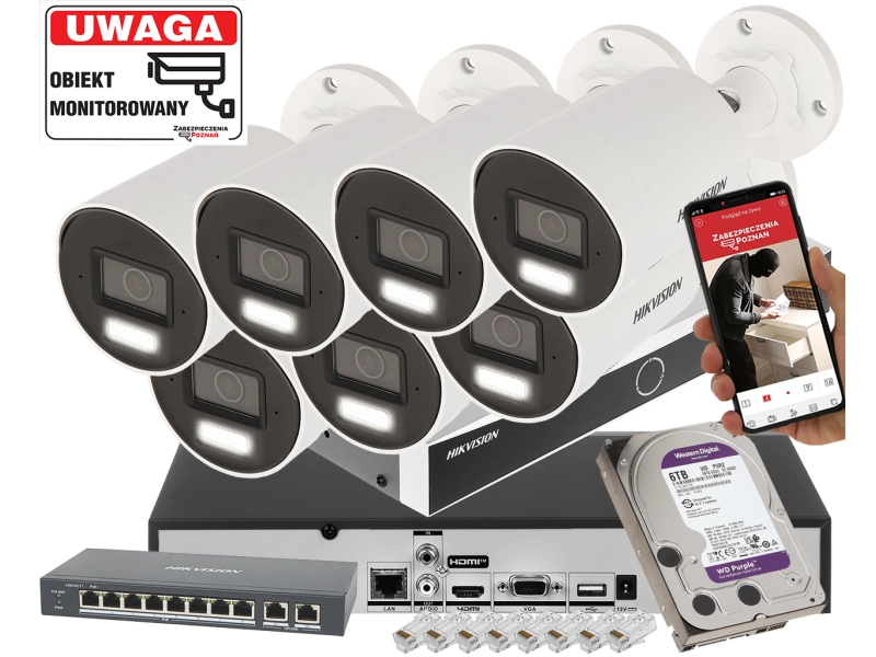 Mocny zestaw monitoringu IP HIKVISION 7x DS-2CD2083G2-LI2U 8Mpx Pełna Analityka Acusense Smart Hybrid Light