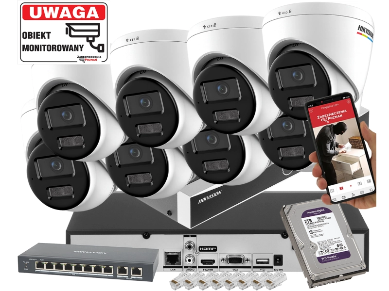Duży zestaw kamer kopułowych IP Hikvision 8x DS-2CD1367G3-LIU 6Mpx ColorVu, Smart Hybrid Light, Detekcja ruchu MD 3.0