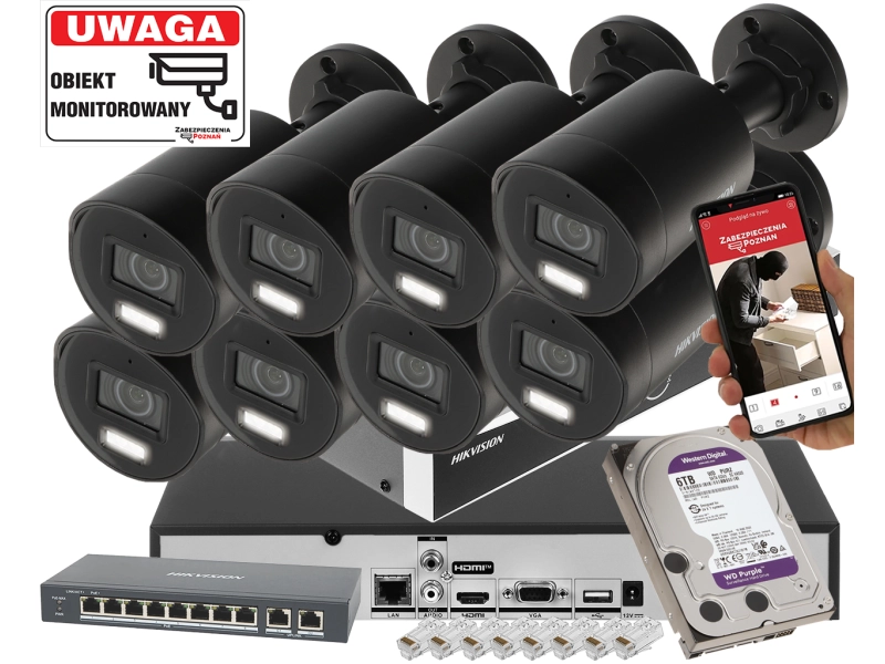 Topowy zestaw profesjonalnego monitoringu IP 8 kamer zewnętrznych IP 4K Hikvision IP DS-2CD2086G2H-IU BLACK 8Mpx Filtrowanie Fałszywych Alarmów przy s