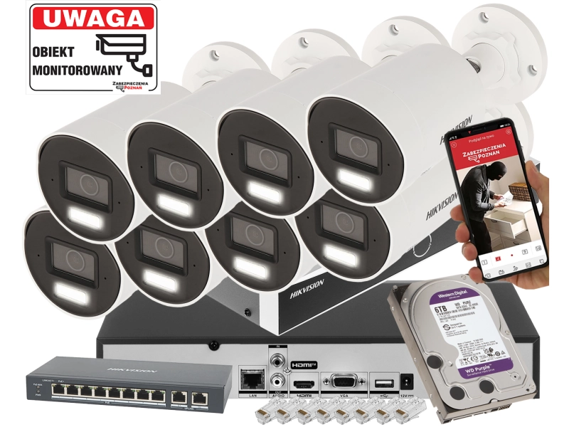 Monitoring premium 8 kamer IP Hikvision 4K IP DS-2CD2086G2H-IU 8Mpx Technologia AI AcuSense DarkFighter PoE