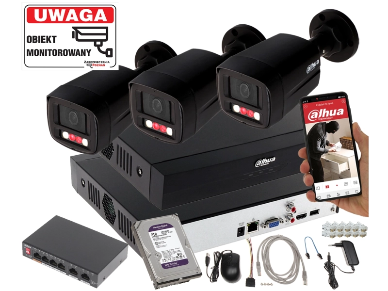 Zestaw monitoringu domu 3 kamery IPC-HFW1439TL1-A-IL-Black Smart Dual Light + Rejestrator + Dysk + Switch PoE