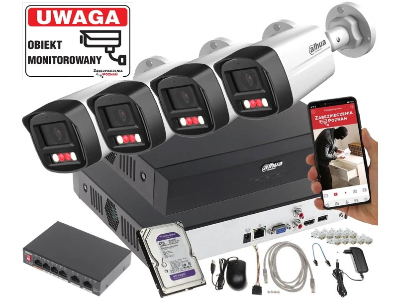 Zestaw 4 kamery 4MPx Dahua IPC-HFW1439TL1-A-IL + Rejestrator + Dysk 4TB + Switch PoE