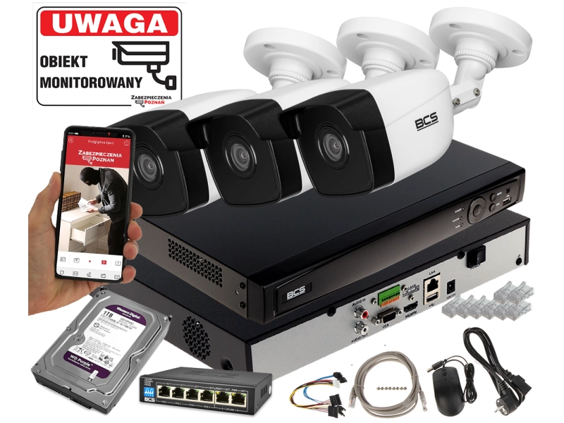 Monitoring domu 3 kamery zewnętrzne BCS-V-TIP15FWR3 5MPx Rejestrator + Switch POE