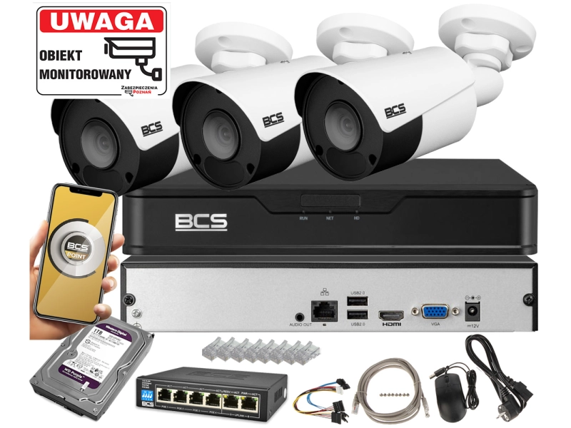3 kamery z rejestratorem BCS-P-TIP14FSR5(2) POINT 4MPx Duży Zasięg Nocny 50m Mikrofon