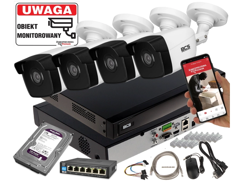 Monitoring 4 kamery 5MPx BCS-V-TIP15FWR3 Rejestrator + Switch POE