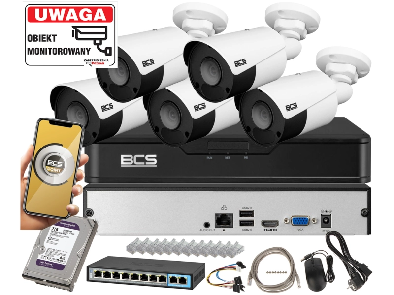 Zestaw do monitoringu 5 kamer IP BCS-P-TIP14FSR5(2) POINT 4MPx IR 50m Mikrofon MicroSD