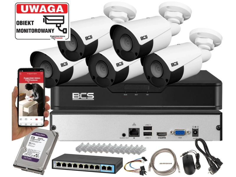 Zestaw do monitoringu 5 kamer IP BCS-P-TIP14FSR5 POINT4MPx IR 50m Mikrofon MicroSD