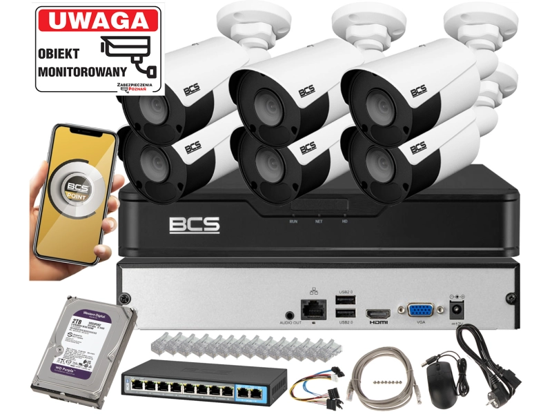 Zestaw monitoringu firmy na 6 kamer IP BCS-P-TIP14FSR5(2) POINT 4MPx NOC 50m Mikrofon