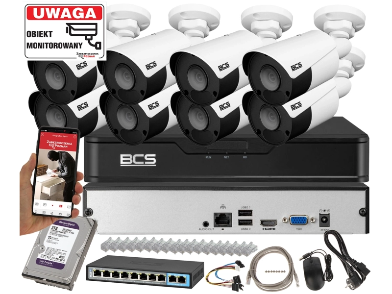 Zestaw monitoringu firmy na 8 kamer IP BCS-P-TIP14FSR5 POINT4MPx Zasięg podczerwieni 50m Mikrofon