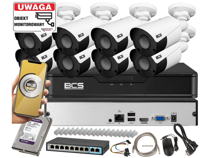 Zestaw monitoringu firmy na 8 kamer IP BCS-P-TIP14FSR5(2) POINT 4MPx Zasięg podczerwieni 50m Mikrofon