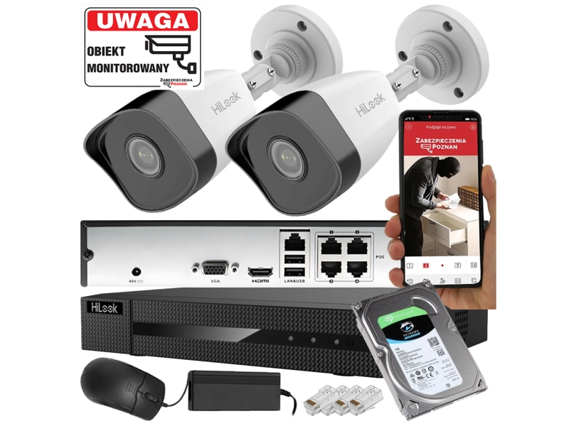 Zestaw do monitoringu 2 kamery IP HiLook by Hikvision IPCAM-B2 2MPx FullHD IR 30m PoE