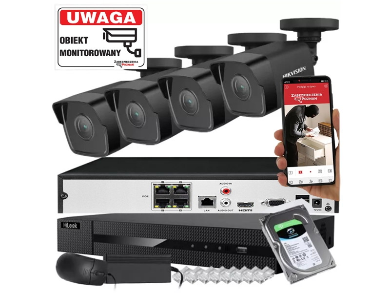 Zestaw do monitoringu 4 czarne kamery IP Hikvision IPCAM-B4 4Mpx