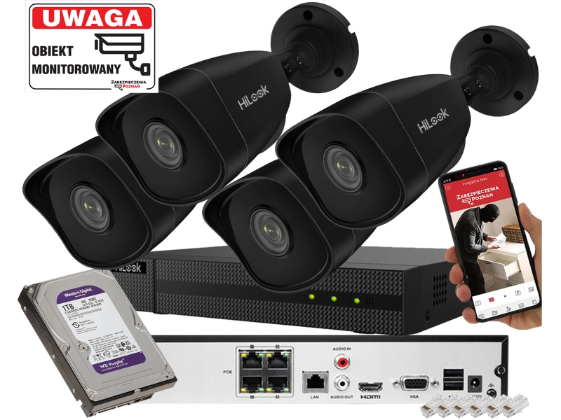 Zestaw do monitoringu 4x kamera IP Hikvision IPCAM-B5 BLACK 5Mpx Czarna