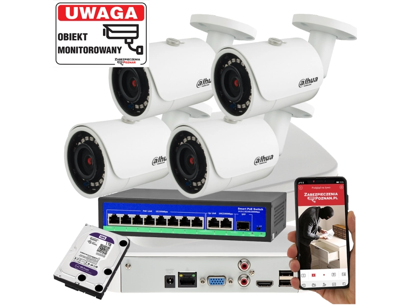 Zestaw do Monitoringu Domu 4 kamery IP DAHUA POE z możliwością rozbudowy do 8 kamer IPC-HFW1431S-0280B-S4 4Mpx