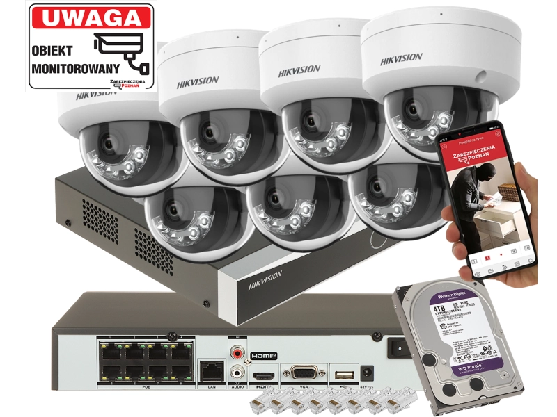 Zestaw do monitoringu IP 7x kamera kopułowa Hikvision DS-2CD1183G2-LIUF 8Mpx Podwójny oświetlacz IR+LED Detekcja 2.0