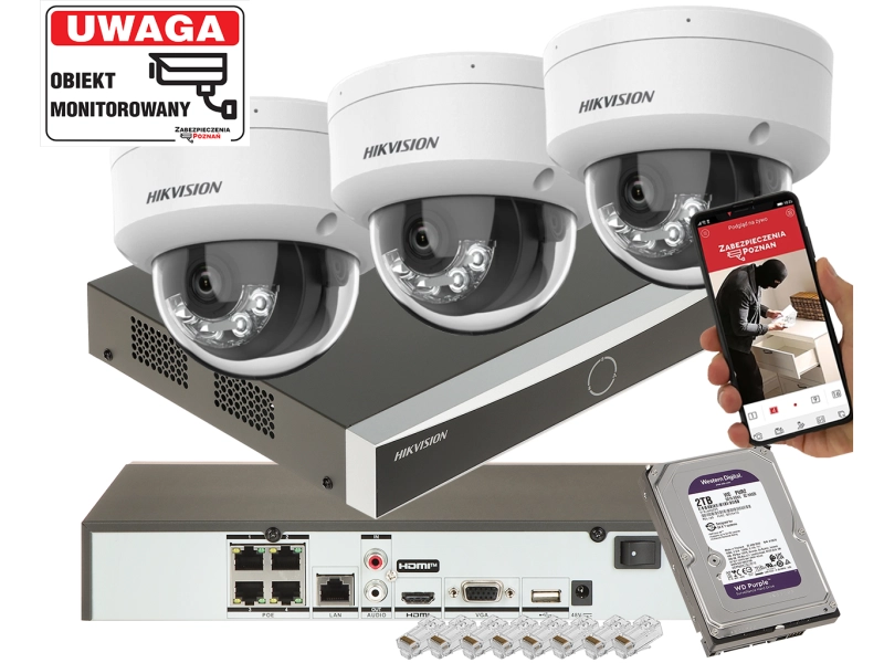 Zestaw do monitoringu podwórka 3x kamera IP Hikvision DS-2CD1183G2-LIUF 8Mpx z dwoma oświetlaczami