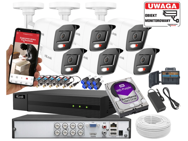 Zestaw do monitoringu TurboHD, 6x kamera Hybrid Light 5Mpx, Rejestrator 8 kanałowy - HiLook by Hikvision