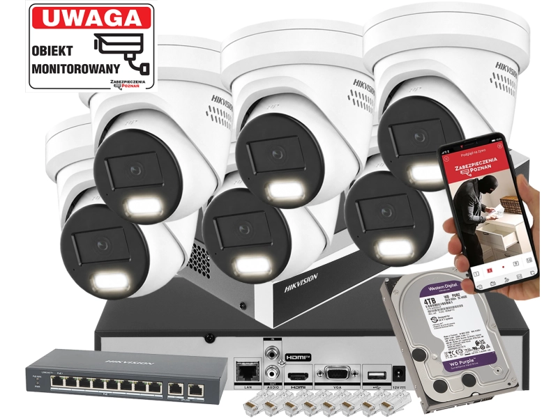 Mocny zestaw 6x Kamera kopułowa DS-2CD2387G3-LIS2UY/SL 8Mpx AcuSense 3.0, ColorVu 3.0 Smart Hybrid Light 2-Mikrofony 4TB