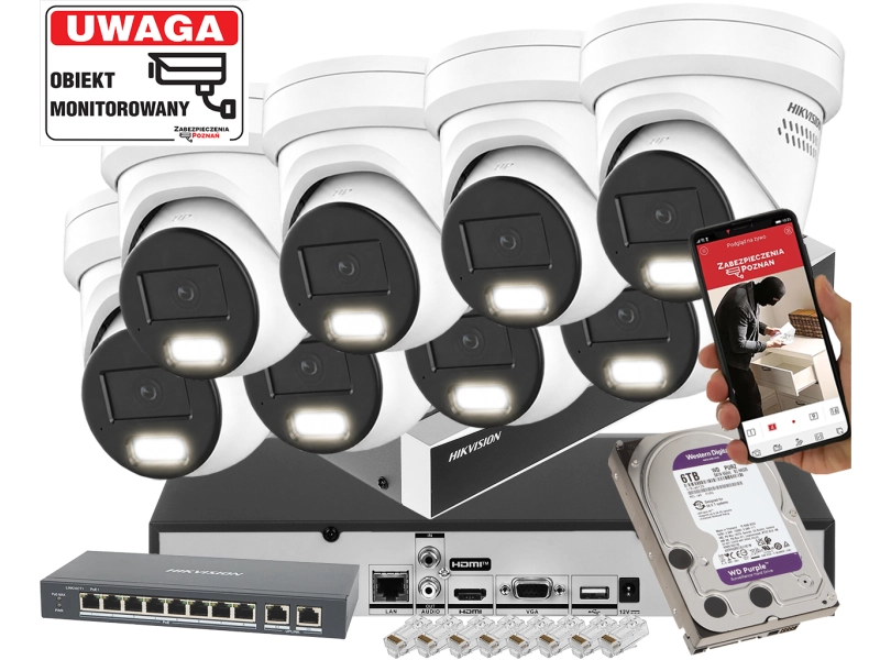 Topowy zestaw 8 Kamer kopułowych DS-2CD2387G3-LIS2UY/SL 8Mpx AcuSense 3.0, ColorVu 3.0 Smart Hybrid Light 2-Mikrofony 6TB