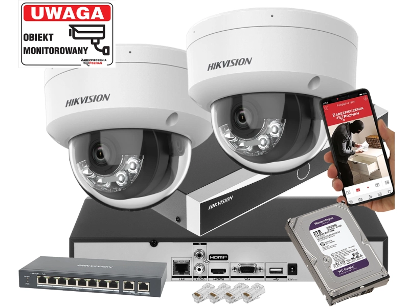 Mały zestaw 2 kamer kopułowych IP do rozbudowy Hikvision DS-2CD1143G2-LIU 4Mpx Podwójny oświetlacz IR+LED Detekcja 2.0
