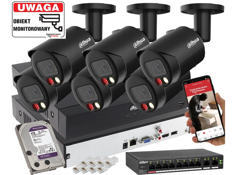 Zestaw kamer IP Dahua 6x IPC-HFW2849S-S-IL-0280B-Black 8MPx Wykrywanie dźwięku, Podwójny oświetlacz, Analityka