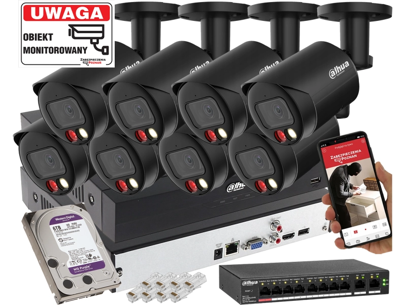 Zestaw mocnych zewnętrznych kamer IP Dahua 8x IPC-HFW2849S-S-IL-0280B-Black 8MPx Wykrywanie dźwięku, Podwójny oświetlacz, Analityka