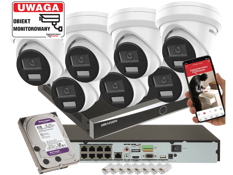 Mocny zestaw IP 7x kamera kopułowa IP Hikvision DS-2CD2363G2-LI2U 6Mpx AcuSense Smart Hybrid Light 2-Mikrofony
