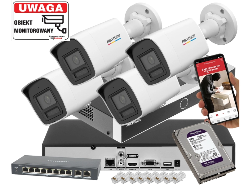 Zestaw 4 kamer Hikvision 4x DS-2CD1047G3H-LIUF 4Mpx ColorVu, Smart Hybrid Light, Detekcja ruchu MD 3.0, Dysk 2TB