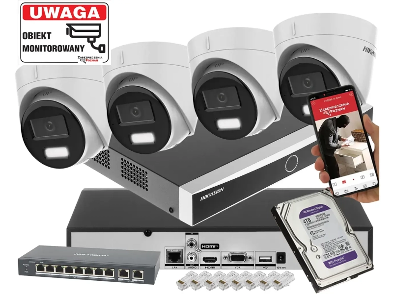 Zestaw 4 kamery kopułłowe IP HIKVISION DS-2CD1383G2-LIUF/SL 8MPx Acusense 4TB Live Guard