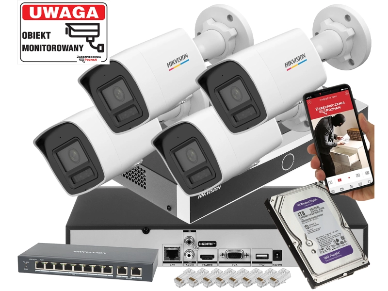 Zestaw 4 kamer Hikvision DS-2CD1067G2H-LIUF/SL 6Mpx Smart Hybrid Light/ColorVu Aktywne odstraszanie 4TB