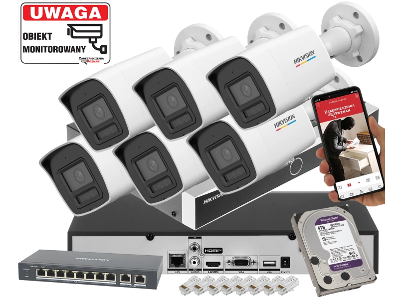 Zestaw 6 kamer Hikvision DS-2CD1047G3H-LIUF/SL 4Mpx Smart Hybrid Light/ColorVu Aktywne odstraszanie 4TB