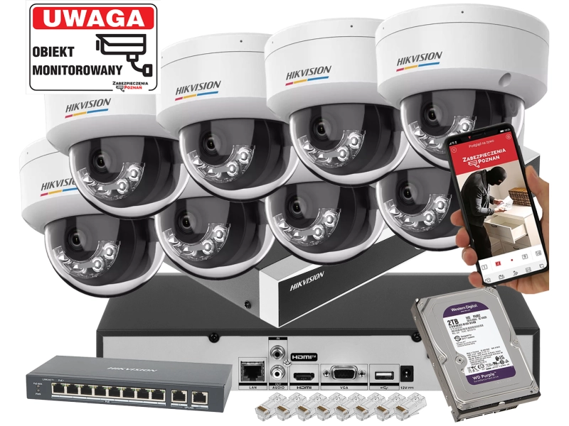 Monitoring domu zestaw kamer kopułowych IP Hikvision 8x DS-2CD1147G2H-LIU 4Mpx Podwójny Oświetlacz IR+LED, Kolorowy obraz w nocy + Detekcja Ruchu