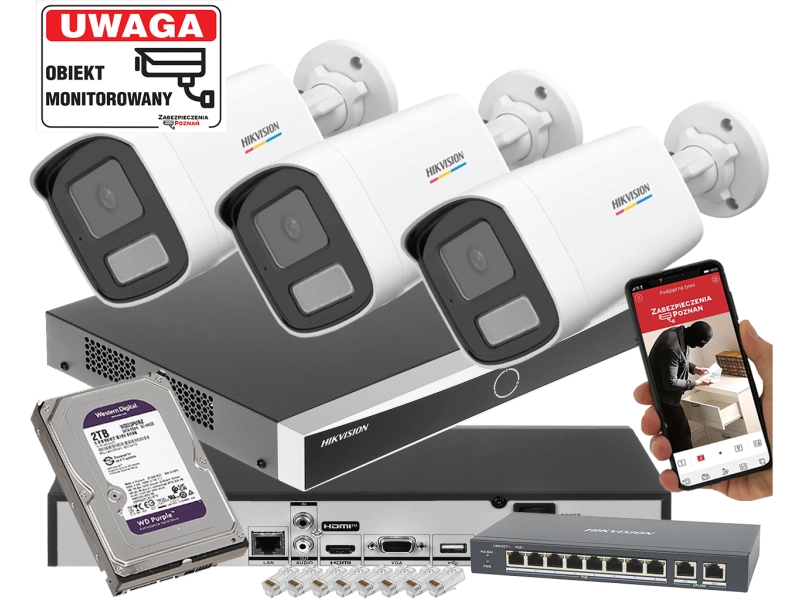 Zestaw kamer tubowych IP Hikvision 3x DS-2CD1T47G2H-LIU 4Mpx ColorVu, Smart Hybrid Light, Detekcja ruchu MD 2.0