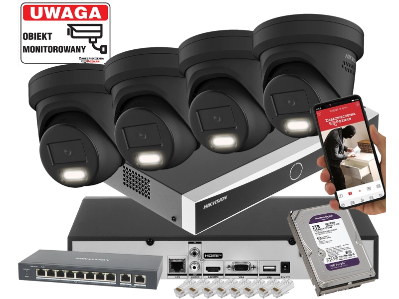 Zestaw 4 kamer kopułowych IP Hikvsion DS-2CD2383G2-LI2U-BLACK 8Mpx AcuSense Smart Hybrid Light 2-Mikrofony