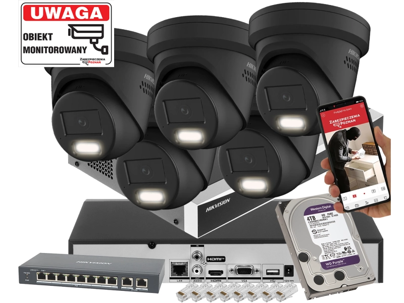 Zestaw IP 5x kamera kopułowa IP Hikvision DS-2CD2383G2-LI2U-BLACK 8Mpx AcuSense Smart Hybrid Light 2-Mikrofony