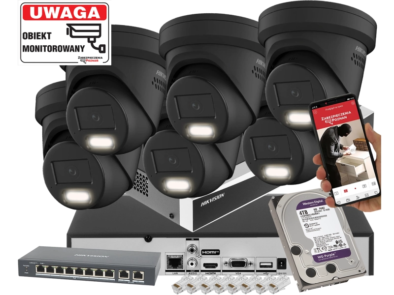 Zestaw Mocnych kamer IP na podbitkę 6x kopułowa kamera Hikvision DS-2CD2383G2-LI2U-BLACK 8Mpx AcuSense Smart Hybrid Light 2-Mikrofony
