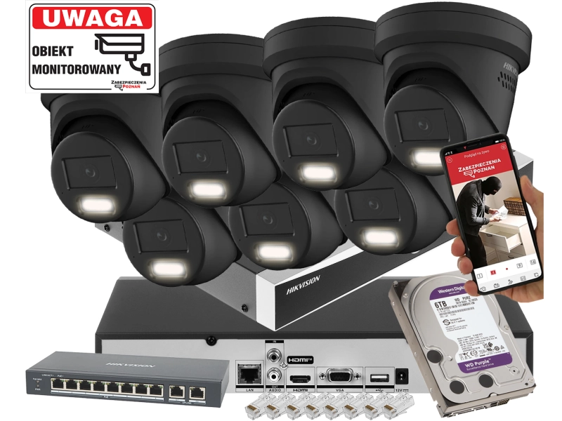 Zestaw 7 kamer kopułowych IP Hikvsion DS-2CD2383G2-LI2U-BLACK 8Mpx AcuSense Smart Hybrid Light 2-Mikrofony
