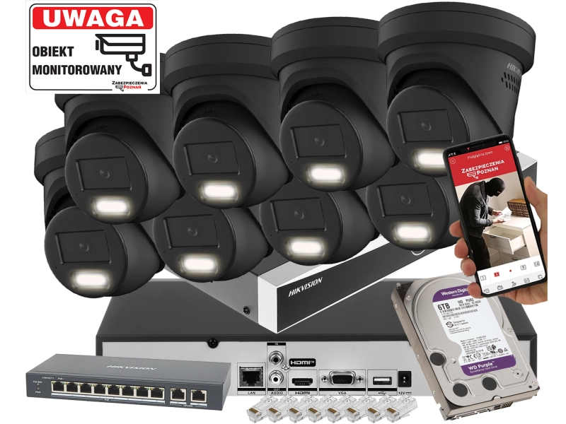 Mocny zestaw 8 kamer IP  kopulowych Hikvision DS-2CD2383G2-LI2U-BLACK 8Mpx AcuSense Smart Hybrid Light 2-Mikrofony