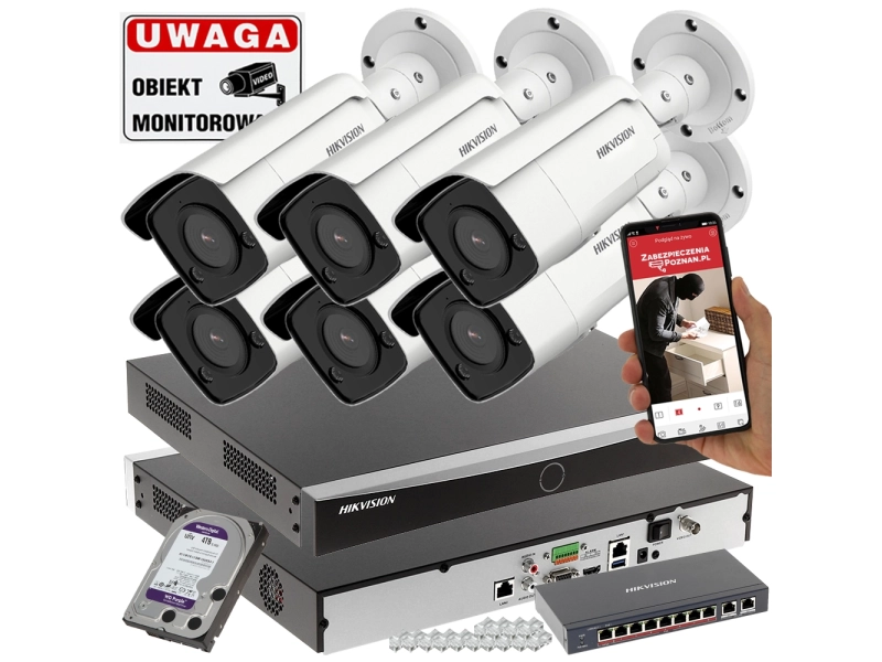 Inteligentny monitoring na 6 kamer IP Hikvision DS-2CD2T47G2-L(2.8mm)(C) 4MPx ColorVu Acusense IR60