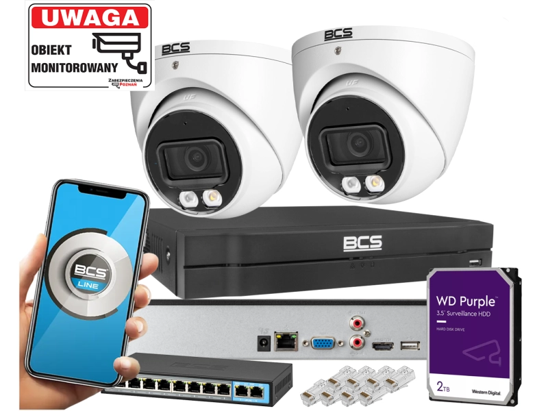 Zestaw monitoringu 2x Kamera kopułowa IP BCS-L-EIP15FCR3L3-Ai1 5MPx Dualny oświetlacz LED + IR Night Color,  Aplikacja Mikrofon PoE