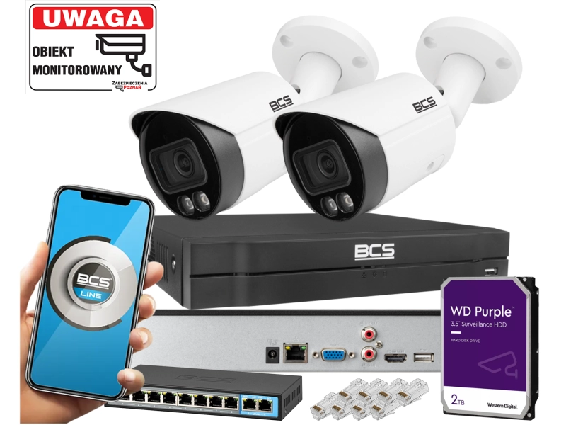 Zestaw monitoringu 2x Kamera tubowa IP BCS-L-TIP15FCR3L3-Ai1 5MPx Dualny oświetlacz LED + IR Night Color,  Aplikacja Mikrofon PoE